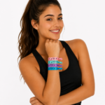 Modelo con pulseras de gimnasia rítmica en varios colores